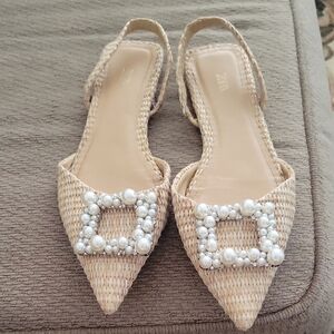Zara Women's Cream Woven Flats with Pearl Accents